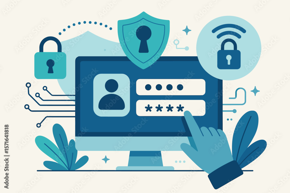Poster cybersecurity login concept. data protection, information security, encryption. secure access to per