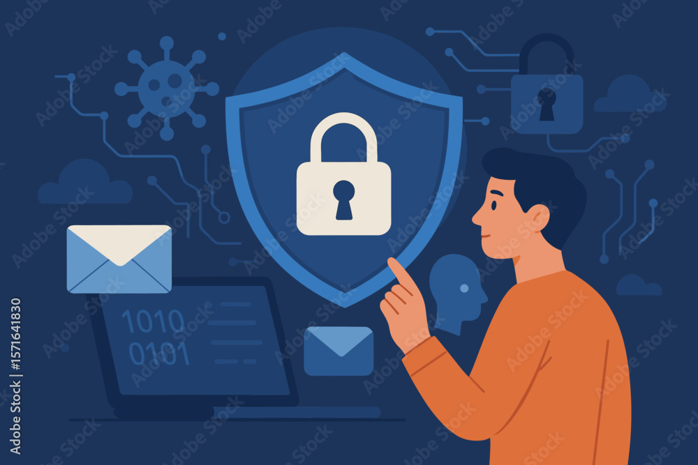 Poster cybersecurity and data protection concept. user activates network security shield for information pr