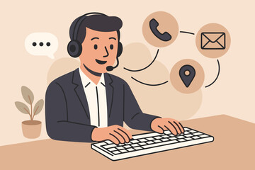 Customer Support Hotline Contact Us Metaphor People Connection. Businessman Using Computer Keyboard with Email, Call Phone, Address, Chat Message Icons. Modern Flat Vector.