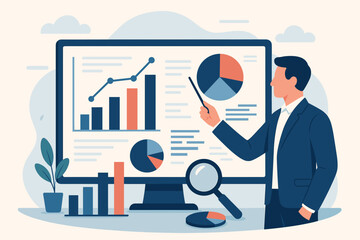 Businessman analyzing data on computer screen. Financial analysis with charts and graphs. Marketing research and statistics report. Business intelligence and optimization concept.