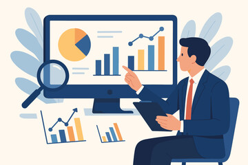 Data analytics concept. Businessman analyst at work with graphs and charts on computer. Financial research, statistics report, marketing audit, and business intelligence.