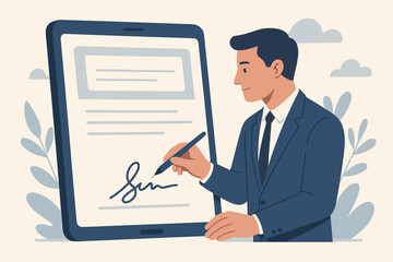 Fototapeta premium Electronic signature concept. Businessman signing a digital contract on a tablet screen. E-sign technology for business document management. Paperless office & online agreement.
