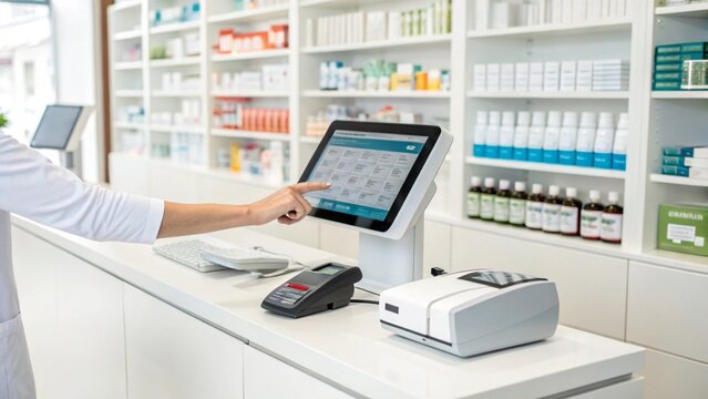 Pharmacy counter showcases a digital point of sale system with shelves stocked with medicine in the background