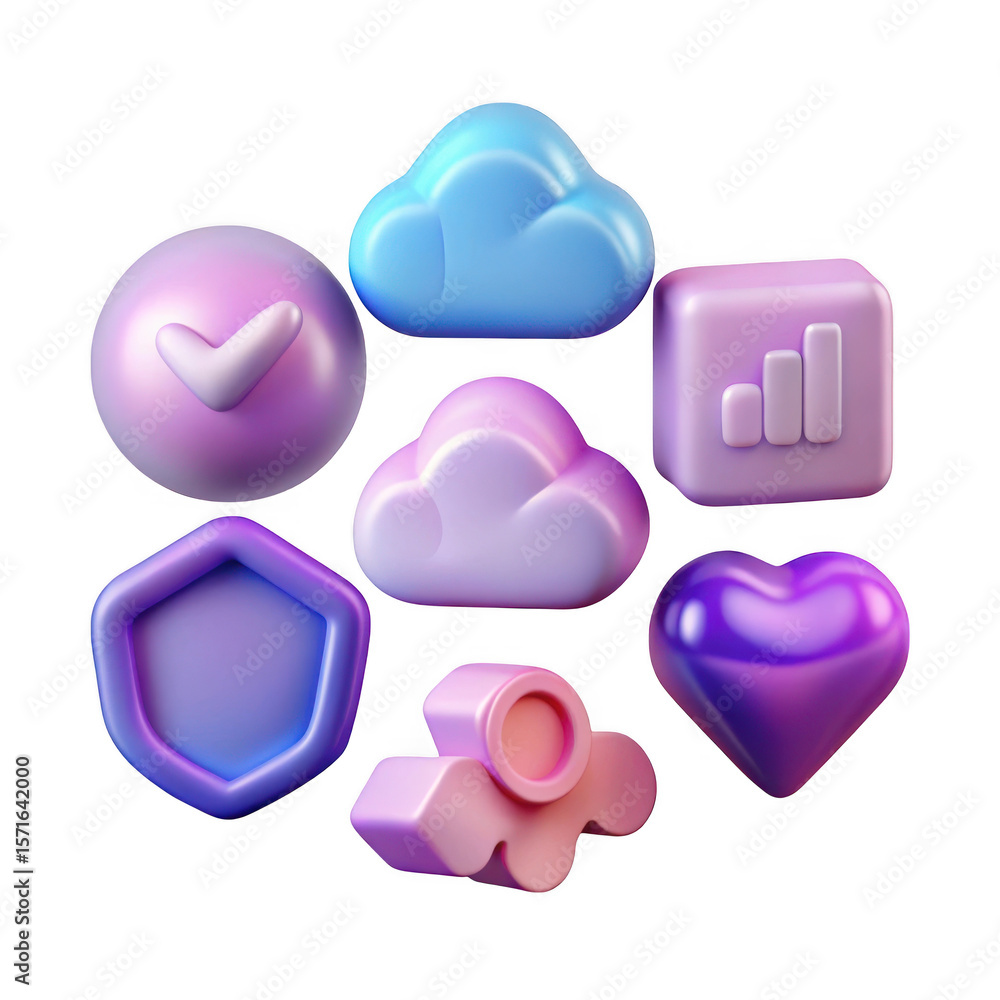 Fototapete collection of 3d rendered icons including clouds heart checkmark shield and graph isolated on transp