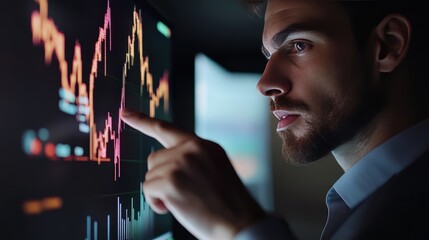 Man analyzing stock chart closely on a digital screen in a dark room