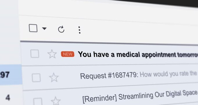 Incoming email with title You have a medical appointment tomorrow, new e-mail in inbox folder with doctor visit reminder email, webmail interface close up footage