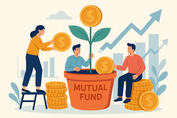 Mutual fund investment growth, wealth management, financial profit, stock market earnings, people saving and growing money, teamwork, coins, financial planning concept