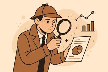 Detective character investigating and analyzing data with magnifying glass, report, pie chart, bar graph. Research, inspection, discovery, information analysis, investigation concept