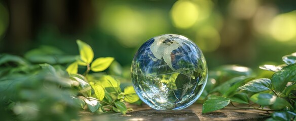 The globe resting on vibrant green leaves in a serene natural setting.