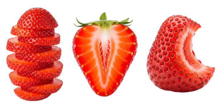Fresh ripe strawberries stacked sliced and bitten isolated on transparent background
