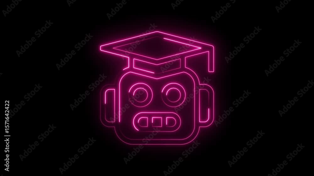 Poster robot head with graduation cap neon outline animated graphic element on black background
