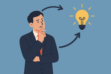 Businessman Thinking Innovatively for Solutions, Creative Decision Making, Rethinking Strategy, Generating New Ideas, Problem Solving, Innovation, Disruption, Leadership Concept