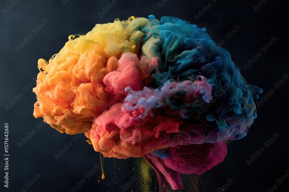 Poster intricate representation of a human brain filled with colorful clouds symbolizing boundless creativi