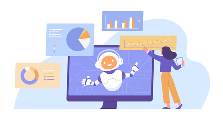 AI assits businesswoman analyzing business data and planning business strategy. Artificial intelligence tool for data analysis. Technology for work. Flat vector illustration.