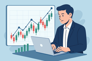 Businessman Analyzing Stock Market or Cryptocurrency Investment, Technical Analysis Candlestick Chart, Financial Trading, Currency Exchange, Data Graph, Online Investment Concept
