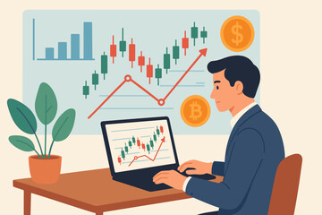Businessman Analyzing Stock Market and Cryptocurrency Investment, Technical Analysis, Financial Graphs, Trading Charts, Currency Exchange, Bitcoin, Dollar, Office Workspace