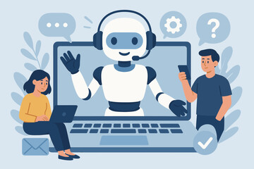 Artificial intelligence chatbot support, friendly robot virtual assistant, online customer service, people using laptop and smartphone, digital communication concept illustration