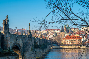 Prague, Czech Republic. Scenic view of Prague's iconic Charles Bridge with its historic arches and...
