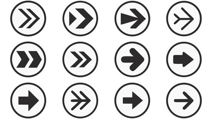 Collection of twelve different black and white circular arrow icons pointing right