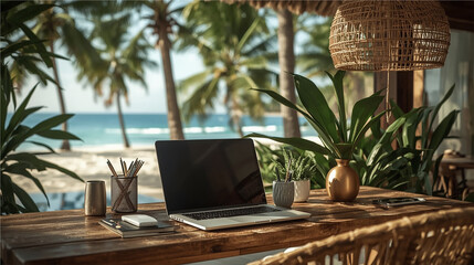 Scenic tropical workspace setup with laptop and decor on wooden table, overlooking beach and palm trees.