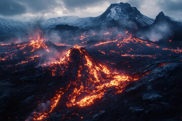 Spectacular 3D rendering of Mount Etna volcanic eruption in Sicily Italy showing flowing lava, smoke plumes and fiery explosion in a dramatic natural disaster scene