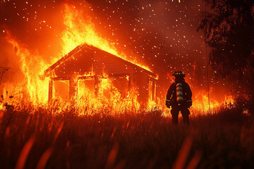 Dramatic scene showing firefighters in protective gear actively fighting a large house fire with smoke and flames, demonstrating bravery and teamwork in emergency response