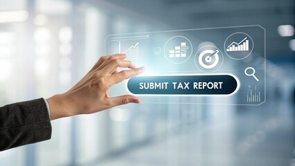 Preparing taxes with futuristic technology submitting the tax report with a hand and a graphical...