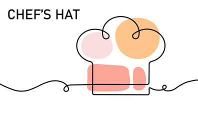Minimalist continuous line art illustration of a chef's hat, featuring colorful artistic geometric shapes as decoration, representing culinary concepts, creativity, and modern design.