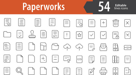Paperworks Line Icons, Document Stack, Signature, Stamp, Checklist, Application Form, Editable Formats: AI, EPS, PNG, JPG, Ideal for Both Digital and Print Use
