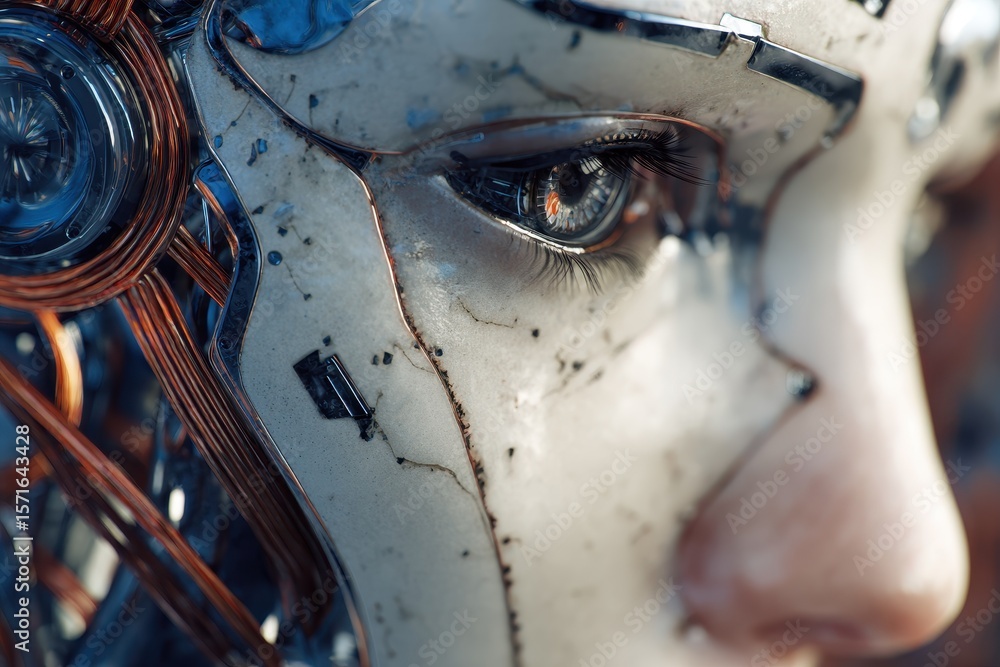 Poster close up of a stylized humanoid face showcasing intricate details and technology, featuring advanced