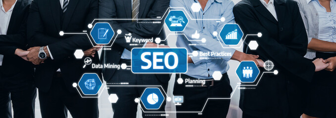A group of business professionals in suits stands together, discussing SEO strategies, data mining...