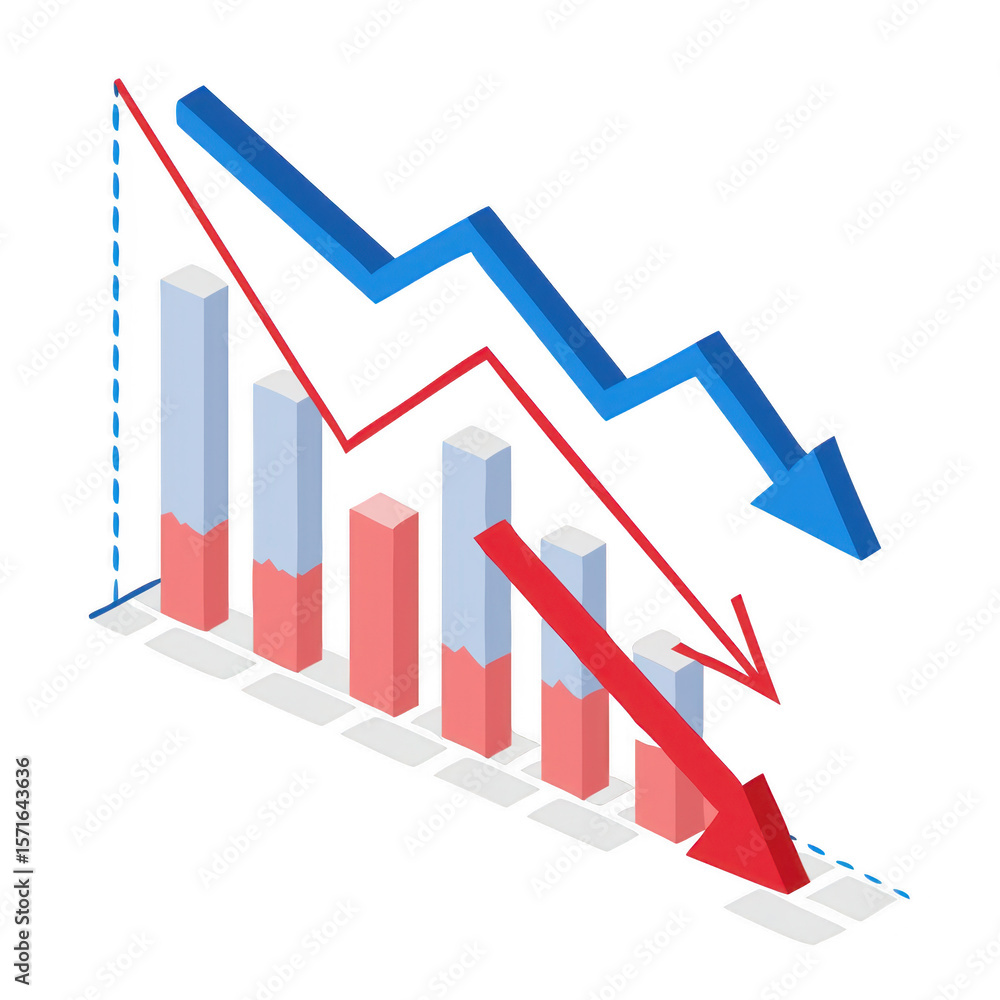 Poster falling business graph with down arrows isolated on transparent background