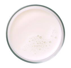 Top View of Glass of Milk with Bubbles, Isolated on Transparent and White Background