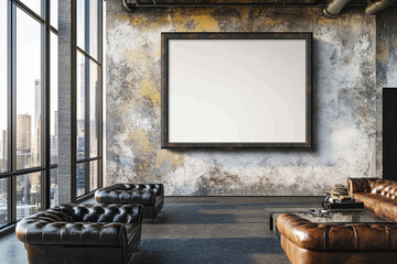 3D rendering of modern cafe interior with concrete walls and floor, black leather sofas, wooden tables and horizontal blank poster frame for mockup or branding presentation