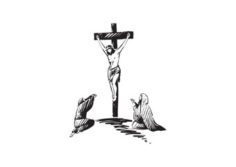 A crucifixion scene with Jesus and mourning figures reflects deep emotional themes