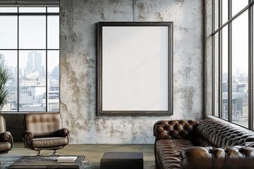 Contemporary living room interior with white walls, concrete floor, brown leather sofa, wooden coffee table and vertical blank poster frame for mockup or artwork presentation