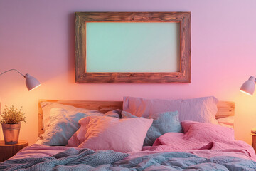 modern bedroom interior featuring a wooden frame hanging on the wall, warm cozy atmosphere with natural textures and minimalistic decor
