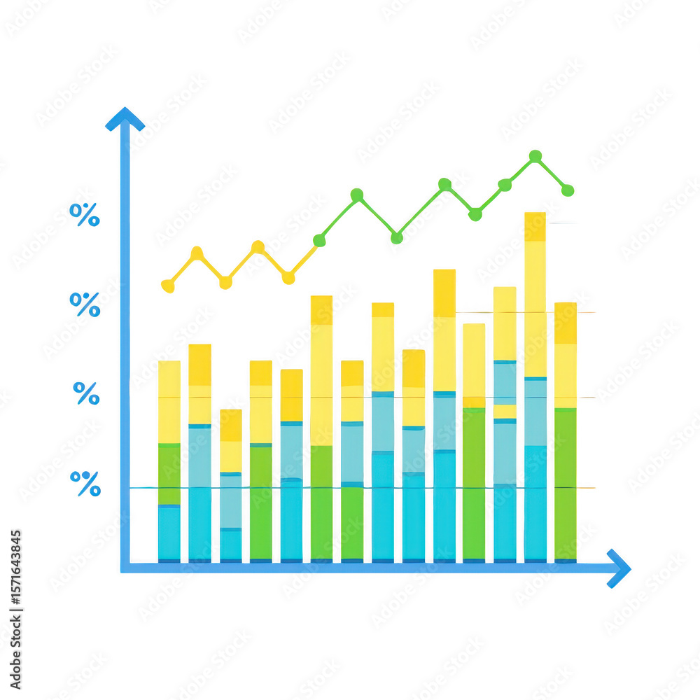 Aufkleber stacked bar chart and line graph showing financial growth isolated on transparent background