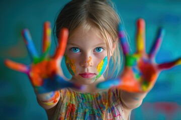 Young girl with colorful paint on her hands and face engages in creative painting activity at home, expressing her artistic side with vibrant colors and joyful curiosity