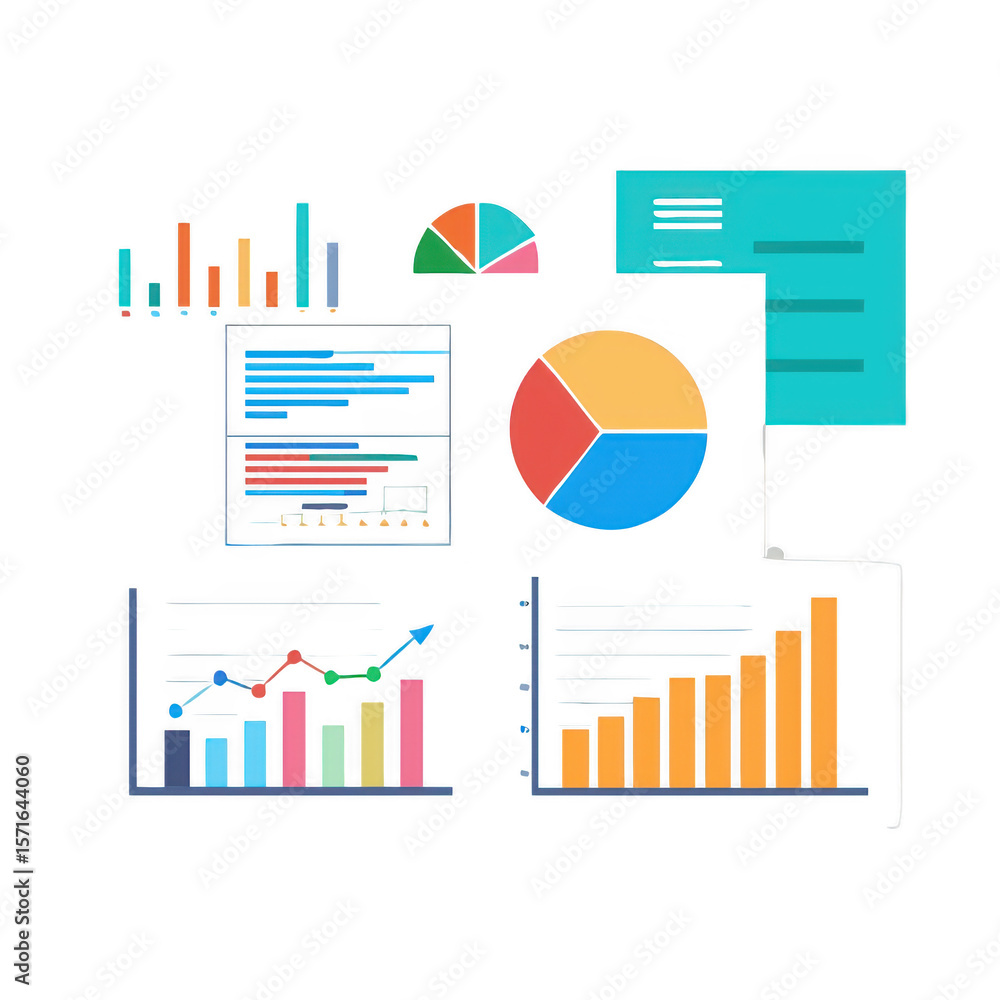 Poster collection of financial charts and graphs isolated on transparent background