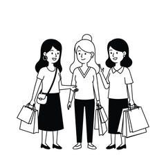 Three women with shopping bags enjoying a shopping day, minimalist illustration.