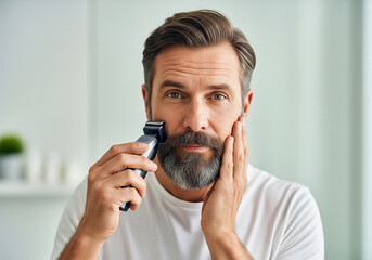 A middle-aged man with a full beard and neatly styled hair is trimming his beard by holding a trimmer to his face and touching his beard with his other hand.