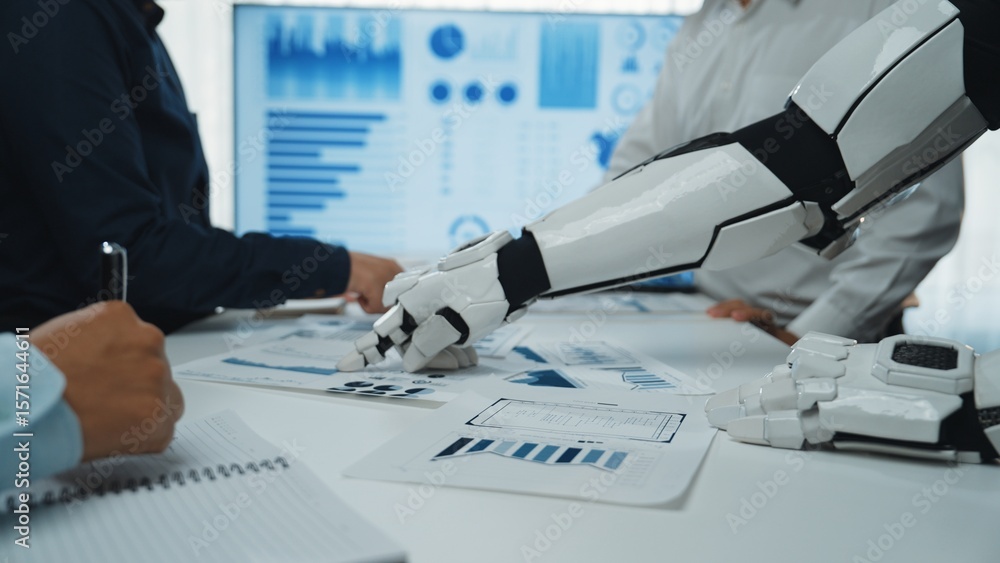 Poster a dynamic business meeting scene where a human and a robotic arm collaboratively analyze data report