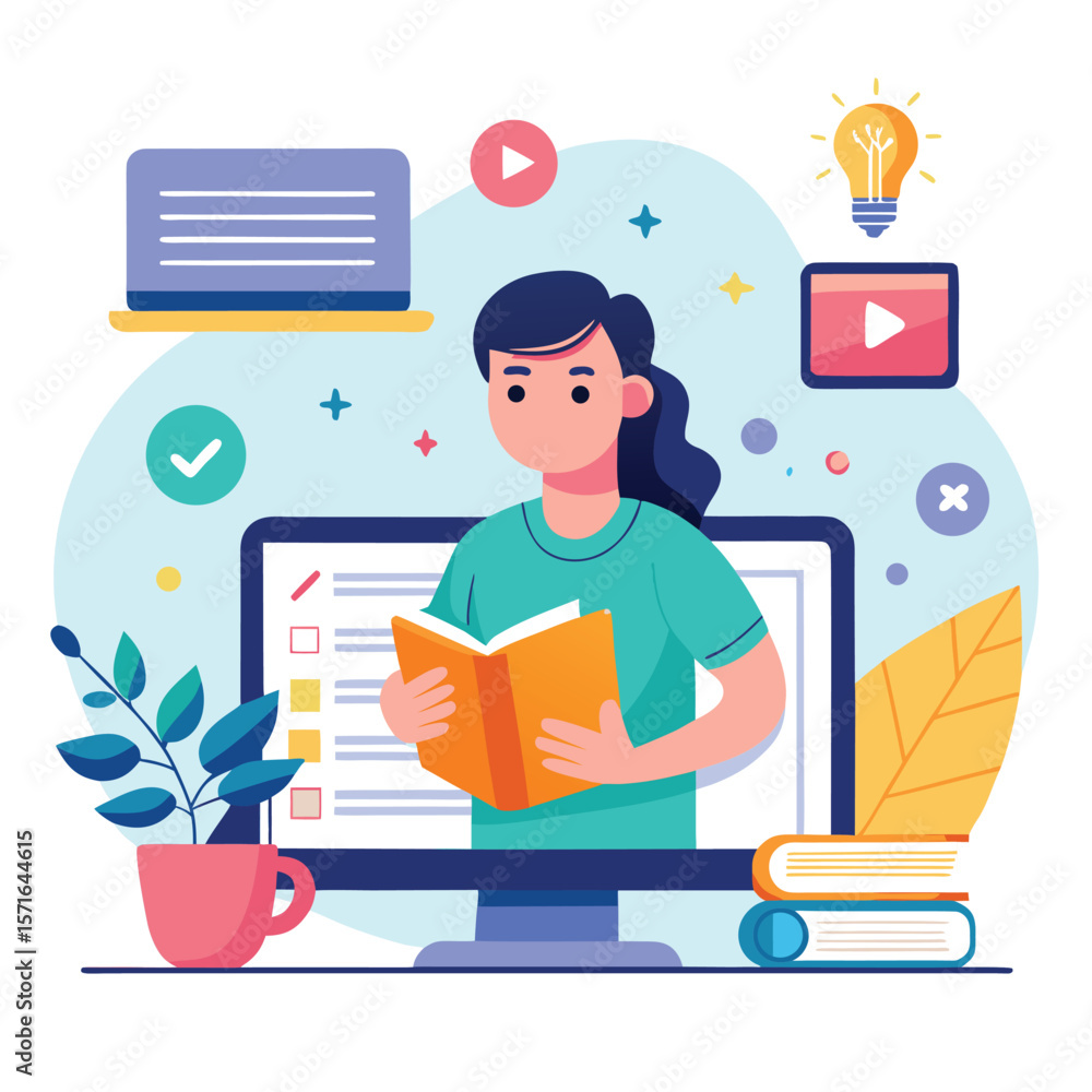 Poster a student reading a book on a computer screen surrounded by learning and education related icons