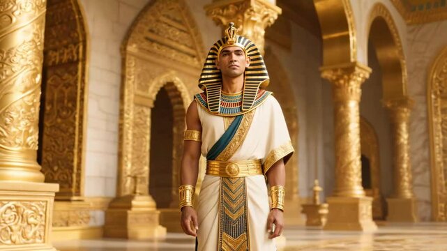 A regal Egyptian pharaoh stands in a golden palace interior, adorned in elaborate attire.