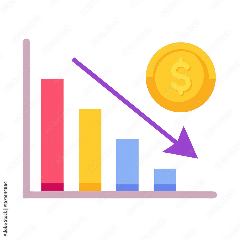 Poster financial decline bar chart with downward arrow and coin isolated on transparent background