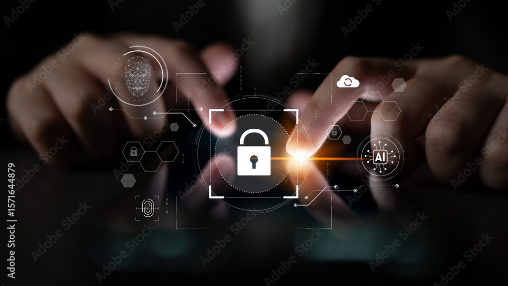 Poster ai cyber security system using biometric authentication and privacy control. cyber security protects
