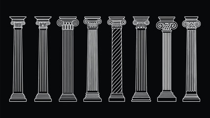 Ancient Column Icon Set Featuring Classical Architecture Pillars, Roman and Greek Style Columns, Historic Stone Structures, Outline Vector Design for Educational, Museum, and Design Projects