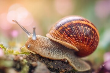 A detailed close-up of a vibrant snail highlighting unique shell designs in a tranquil setting, ideal for nature lovers and educational materials