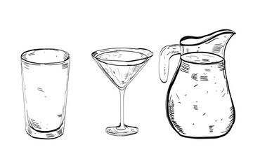 set Glass hand drawn set of cocktails and alcohol drinks. Sketch.